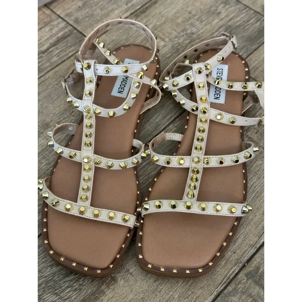 Steve Madden Women's Cream Sunnie Studded Gladiator Flat Sandals Size 8